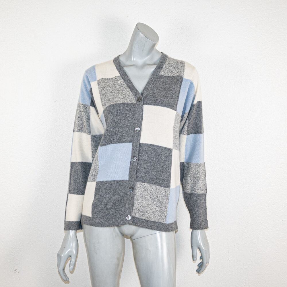 Clan Douglas 100% Cashmere Cardigan Sweater Grey Blue checker size Medium